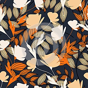 Modern seamless pattern with tropical plants. Fashionable texture design, textile, fabric, printing. Original plants. Tropical lea