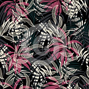 Modern seamless pattern with tropical plants. Fashionable texture design, textile, fabric, printing. Original plants. Tropical lea