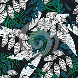 Modern seamless pattern with tropical plants. Fashionable texture design, textile, fabric, printing. Original plants. Tropical lea