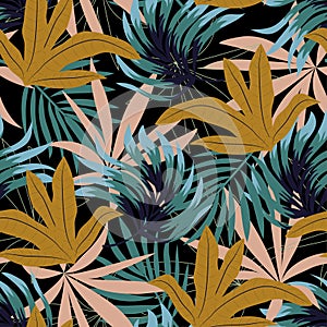 Modern seamless pattern with tropical plants. Fashionable texture design, textile, fabric, printing. Original plants. Tropical lea