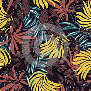 Modern seamless pattern with tropical plants. Fashionable texture design, textile, fabric, printing. Original plants. Tropical lea