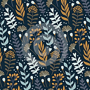 Modern seamless pattern with wild floral elements. Hand drawn flowers.