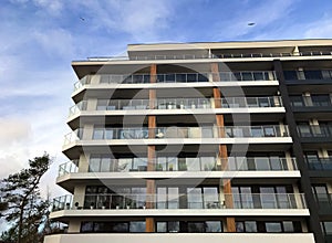 Modern seaside hotel facade in Darlowo Poland, seaside Baltic architecture