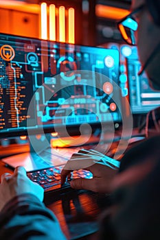 Modern IT Security Analyst Typing Code in Cybersecurity Workspace with Data Encryption Visuals