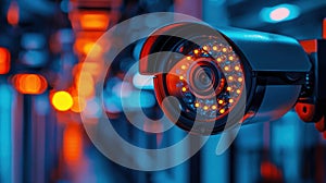 Modern Security Camera with LED Lights in a High-Tech Environment