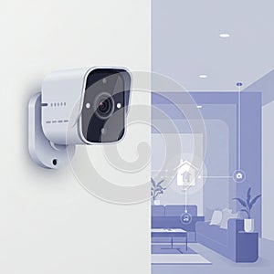 A modern security camera is mounted on a white wall, featuring a sleek, rectangular