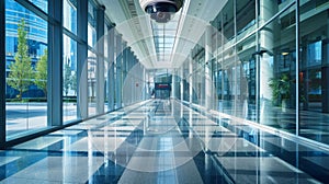 Modern security cameras overseeing a welllit, expansive office building hallway