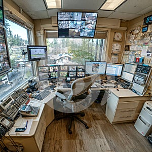 Modern Security Control Room with Multiple Monitors and Technology