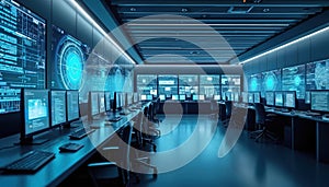 Modern Security Operations Center multiple screens displaying complex data visualizations. Network security monitoring systems,