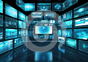 Modern security system control room with multiple displays, monitoring room with at security data center. Generative AI