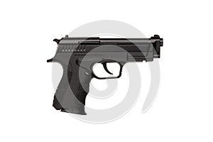 Modern semi-automatic pistol isolate on a white background. Armament for the army and police. Short-barreled weapon