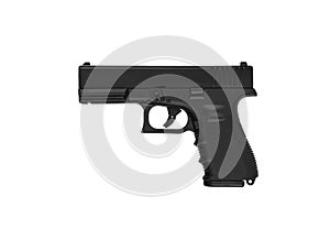 Modern semi-automatic pistol isolate on a white background. Armament for the army and police. Short-barreled weapon