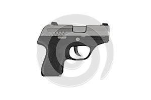 Modern semi-automatic pistol. A short-barreled weapon for self-defense. A small weapon for concealed carry. Isolate on a white