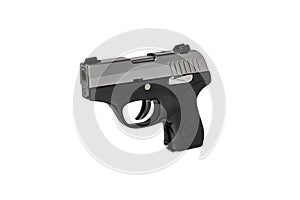Modern semi-automatic pistol. A short-barreled weapon for self-defense. A small weapon for concealed carry. Isolate on a white