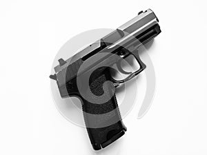 Modern semi-automatic pistol. For stalker games, training. Traumatic weapons. The gun is black on a white background.