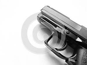 Modern semi-automatic pistol. For stalker games, training. Traumatic weapons. The gun is black on a white background.