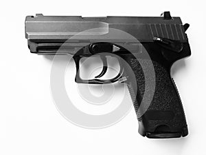 Modern semi-automatic pistol. For stalker games, training. Traumatic weapons. The gun is black on a white background.