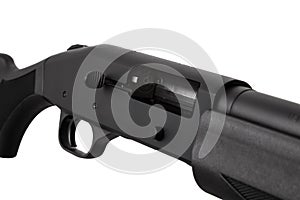 Modern semi-automatic tactical shotgun isolate on white background. Modern weapons on a light background