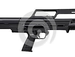 Modern semi-automatic tactical shotgun isolate on white background. Modern weapons on a light background