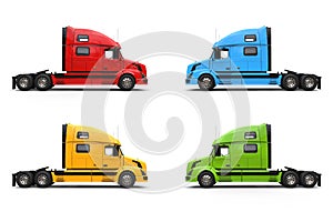 Modern semi trailer trucks - blue, yellow, red and green