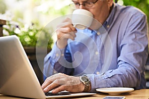 Modern Senior Man Using Laptop during Coffee Break