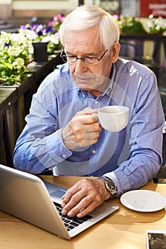 Modern Senior Man Using Laptop at Coffee Break