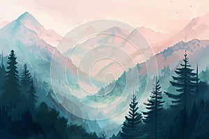 Modern and serene, this mountain landscape uses soft colors to create a peaceful, stylish scene AI Generate