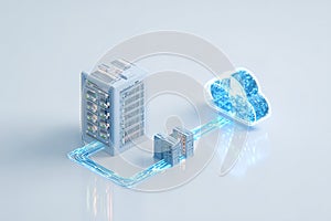 High-tech server and cloud storage technology with digital data transfer in a modern setup