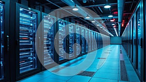Modern server hall with advanced technology and blue lighting setup
