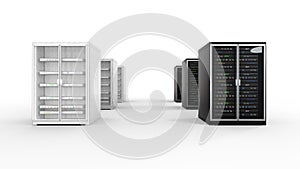 Modern server rack. Server rack image. Isolated on white background. 3d render