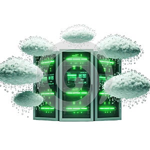 A modern server rack surrounded by cloud icons representing cloud computing technology