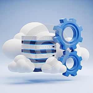 Cloud computing server with gears and clouds