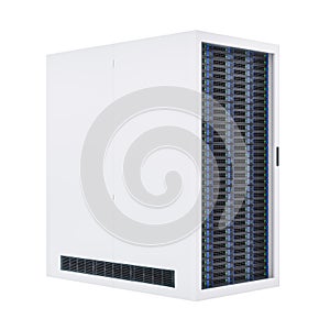 Modern server rack on white background