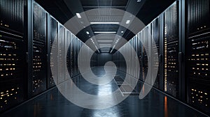 Modern Server Room Corridor with Racks and Blinking Lights