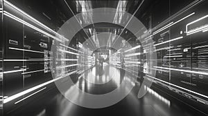 Modern server room exploring data stream and network technology