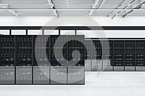 Modern server room interior. Datacenter, security and database concept.