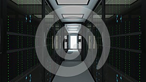 Modern server room interior in datacenter, web network and internet telecommunication technology, big data storage and