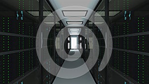 Modern server room interior in datacenter, web network and internet telecommunication technology, big data storage and