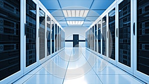 Modern server room interior in datacenter, web network and internet telecommunication technology, big data storage and