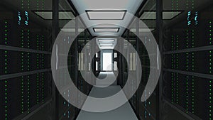 Modern server room interior in datacenter, web network and internet telecommunication technology, big data storage and