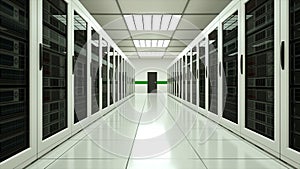 Modern server room interior in datacenter, web network and internet telecommunication technology, big data storage and