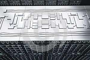 Modern server room interior wallpaper with racks. Cloud computing and telecommunication concept.