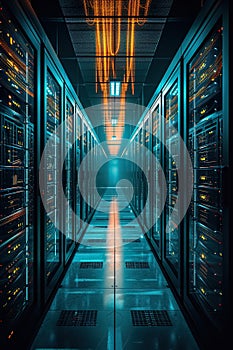 modern server room with racks, technology and digital database concept, cloud data storage background