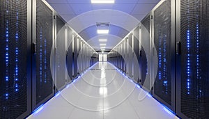 Modern Server Room with Rows of Racks and Blue Lights