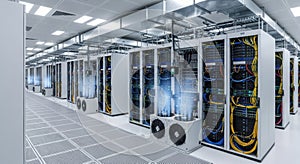 Modern Server Room with Rows of Racks and Cooling Systems
