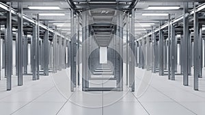 Modern Server Room with Rows of Racks and Futuristic Lighting