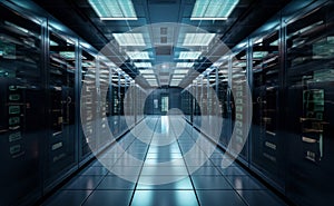 Modern server room showcases a high-tech marvel of computing infrastructure, where sleek hardware, intricate cabling