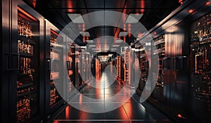 Modern server room showcases a high-tech marvel of computing infrastructure, where sleek hardware, intricate cabling