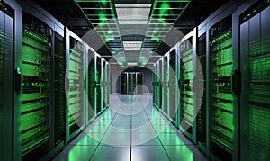 Modern server room showcases a high-tech marvel of computing infrastructure, where sleek hardware, intricate cabling