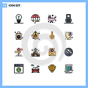 Modern Set of 16 Flat Color Filled Lines and symbols such as alarm, purse, kids, ladies, dumbbell